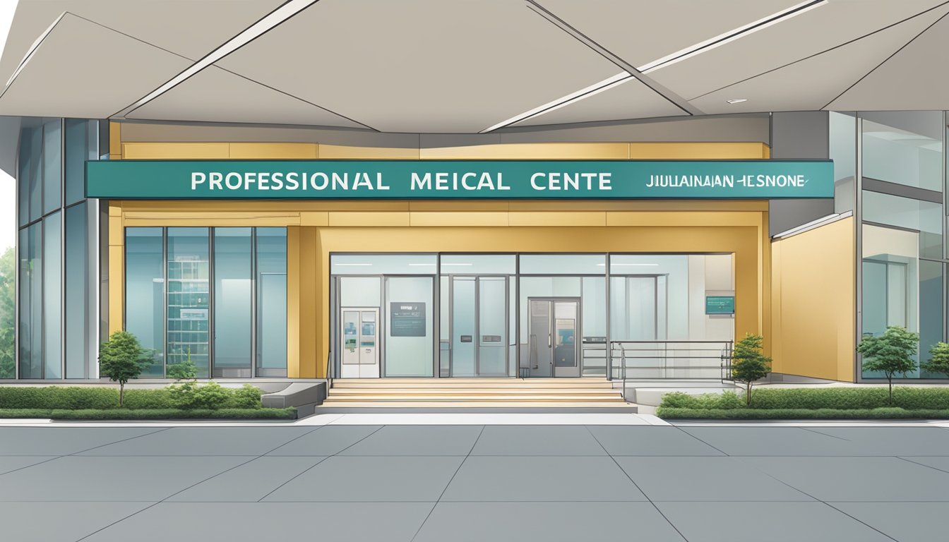 A modern medical centre with Dr. Julian Tan's nameplate and operating hours displayed prominently