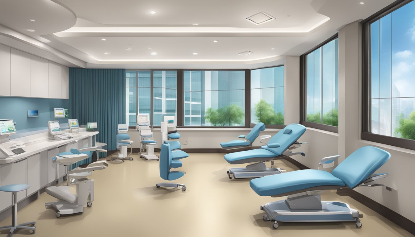 A modern, well-lit cardiac center with sleek equipment and comfortable seating. The logo "Dr Leslie Lam - The Cardiac Centre Pte Ltd" is prominently displayed