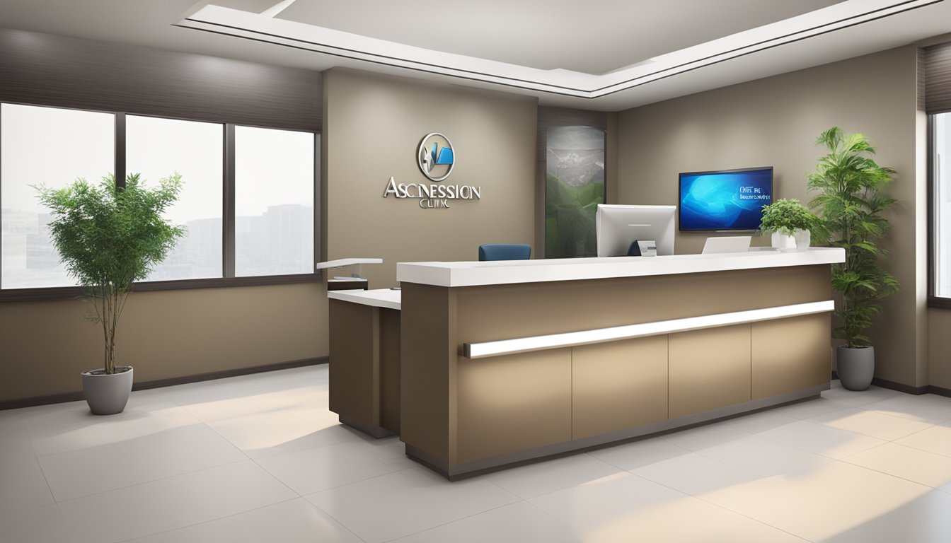 A modern clinic with a sleek reception desk, comfortable waiting area, and state-of-the-art medical equipment. The logo of "Ascension Heart Clinic" is prominently displayed