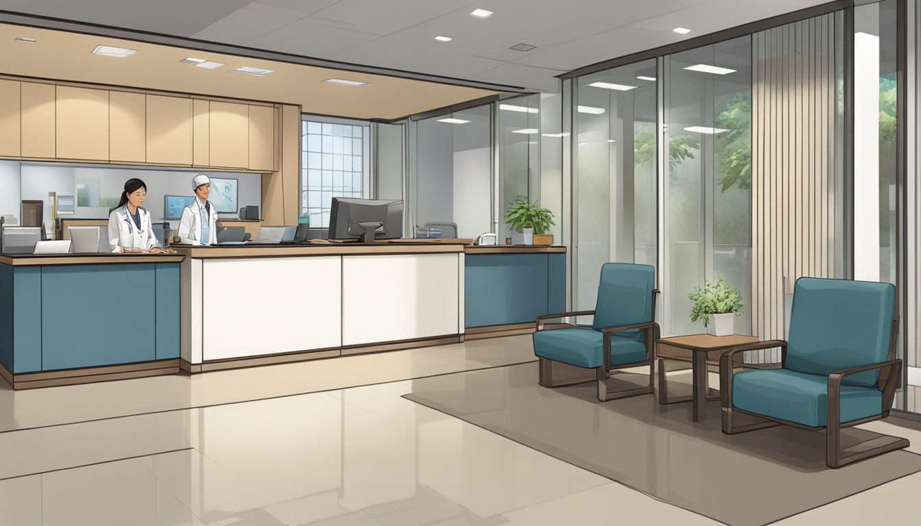 A modern, well-lit medical office with a sign reading "The Cardiac Centre Pte Ltd" and "Dr Leslie Lam - SG Cardiologist." The office hours prominently displayed