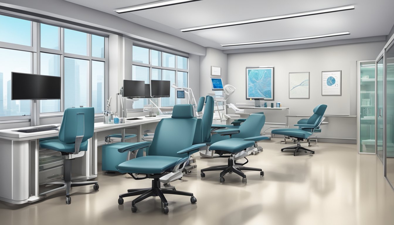 A modern medical office with sleek furniture and advanced equipment, featuring the logo "Dr Kelvin Chua - The Heart and Vascular Centre | SG Cardiologist" prominently displayed