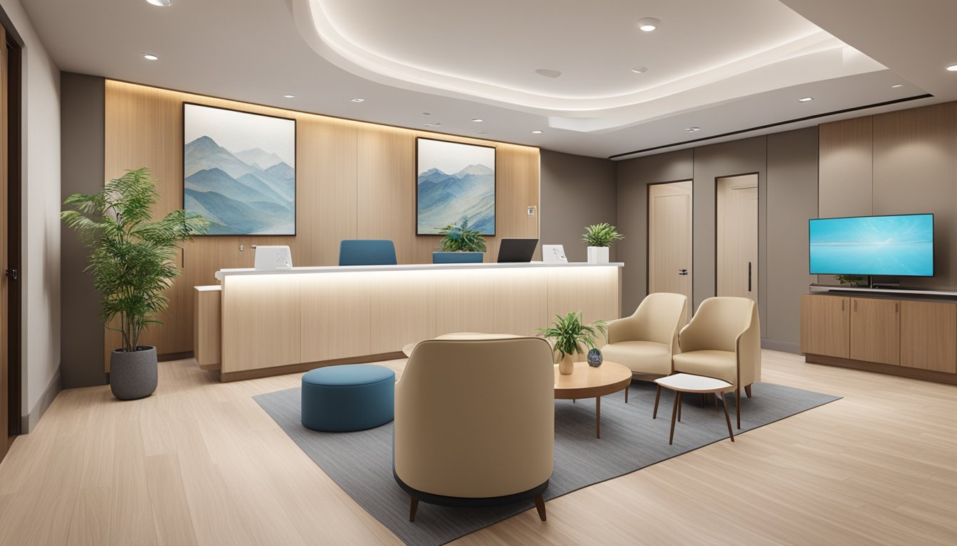 Dr. Brian Khoo's clinic: modern, clean, and professional. A welcoming reception area with comfortable seating and a calming atmosphere. The clinic is equipped with state-of-the-art medical equipment and technology