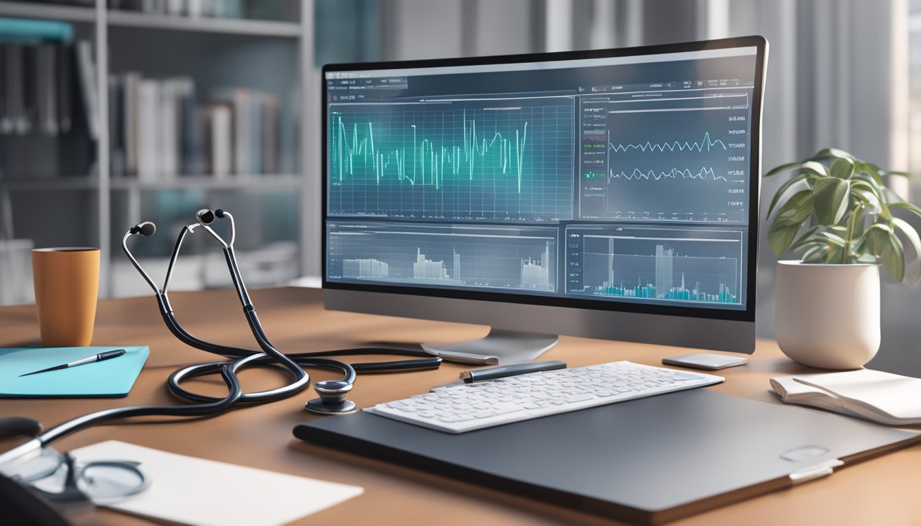 A stethoscope rests on a sleek, modern desk next to a computer displaying a heart monitor graph. A diploma from a prestigious medical school hangs on the wall