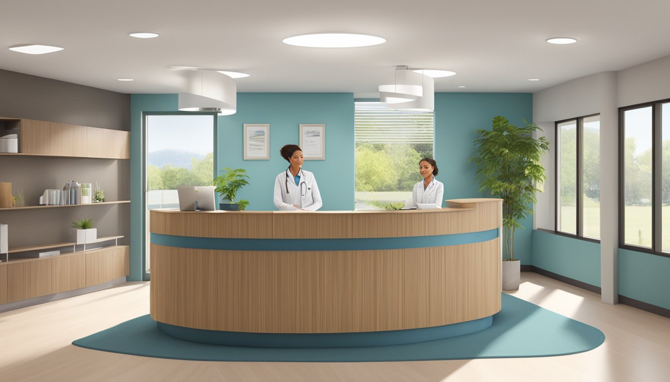 A modern, welcoming clinic with state-of-the-art equipment and a calming atmosphere. A friendly receptionist greets patients as they enter