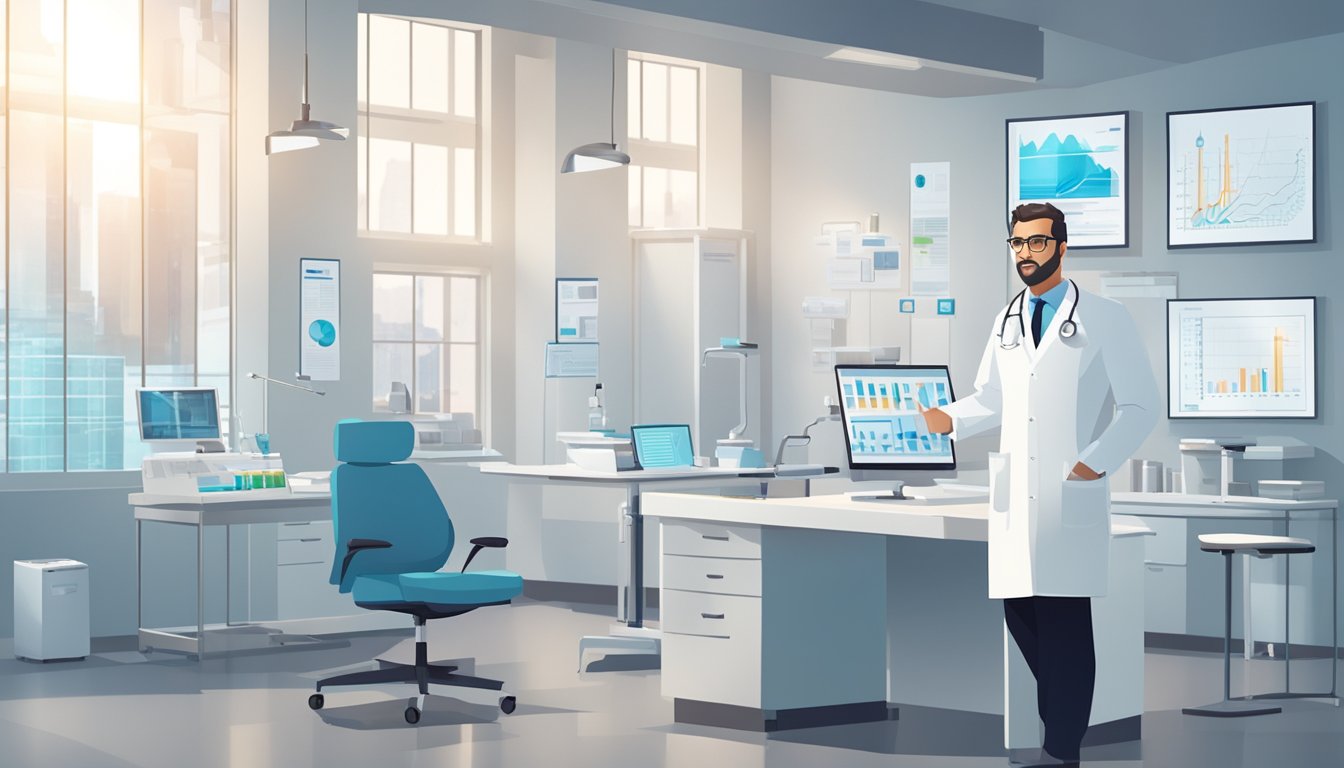 A doctor in a white lab coat stands in a modern, well-lit clinic office with medical equipment and charts on the walls