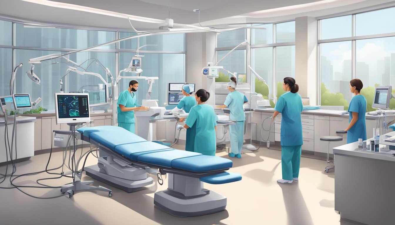 A modern, bustling heart and vascular center with state-of-the-art equipment and a team of skilled cardiologists attending to patients