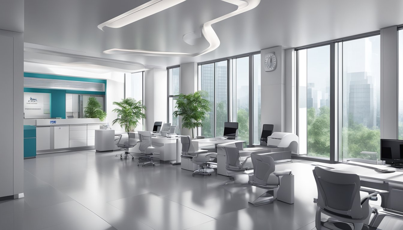 A modern medical office with sleek furniture and advanced equipment. The logo of "Gramercy Heart and Vascular Centre" prominently displayed