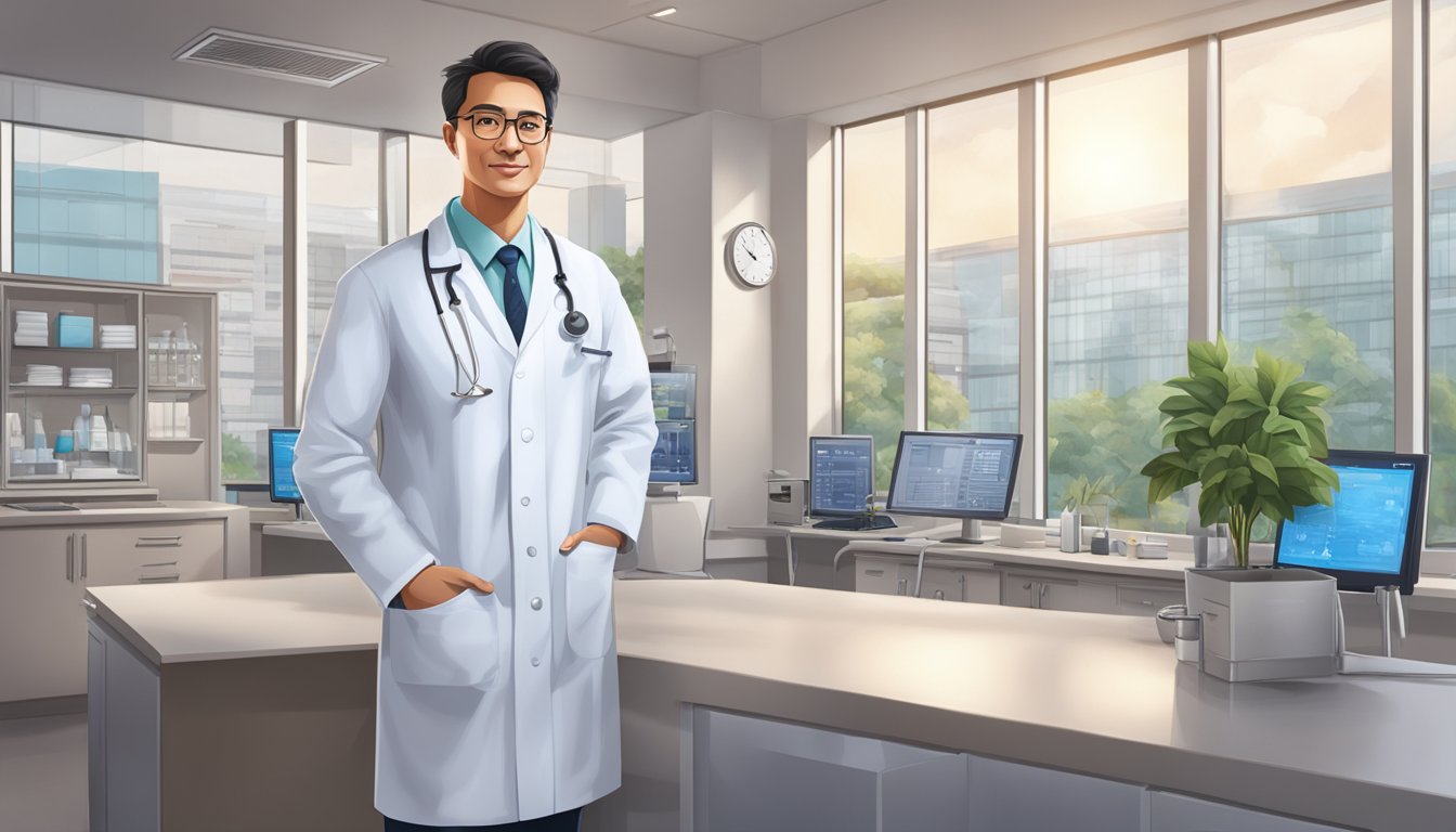 A doctor in a lab coat stands in front of a modern heart and vascular center, with the sign "Dr. Nikolas Wanahita - Gramercy Heart and Vascular Centre | SG Cardiologist" displayed prominently