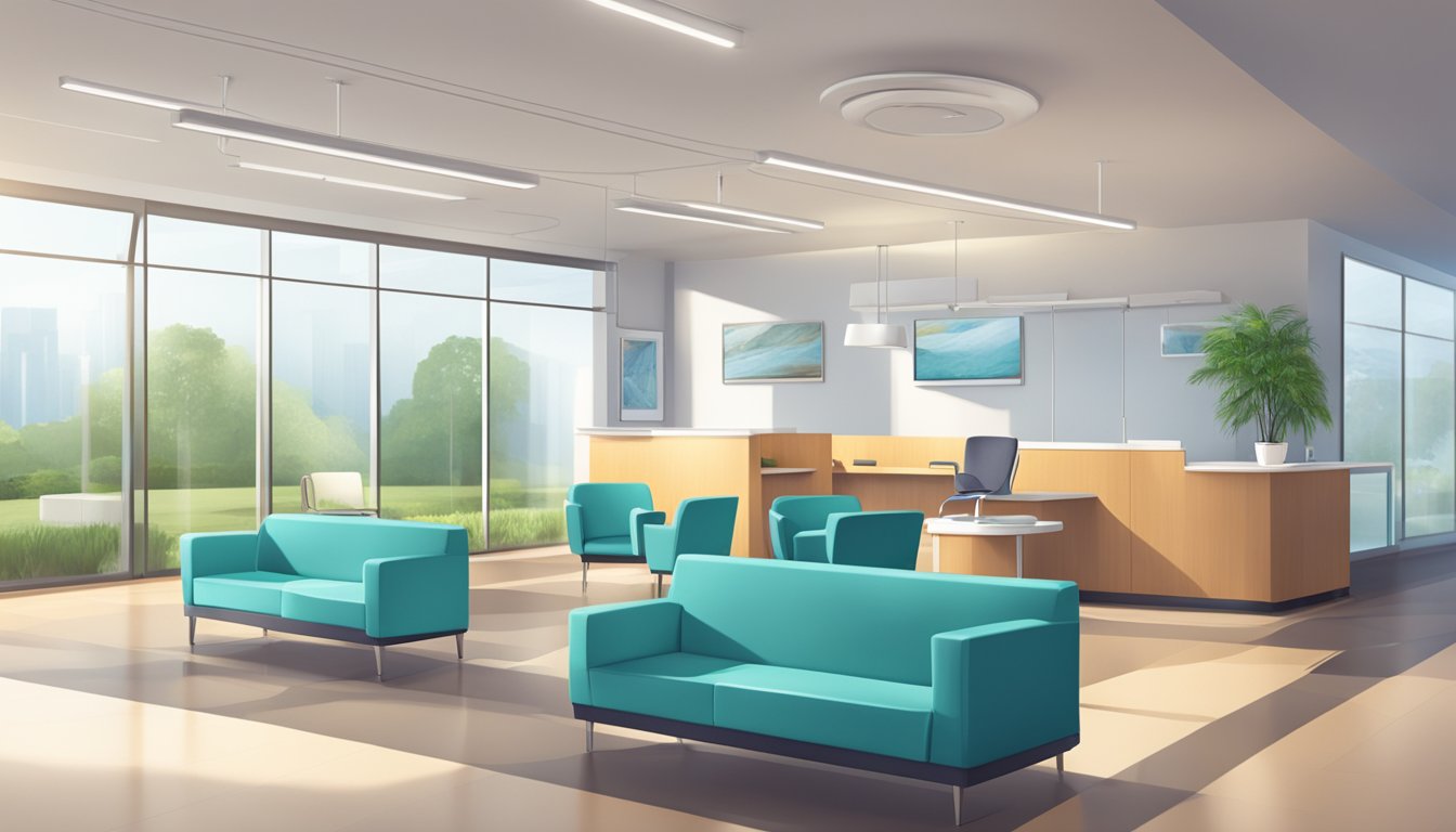 A modern, spacious waiting area with comfortable seating and natural light. A reception desk with friendly staff. State-of-the-art medical equipment visible in the background