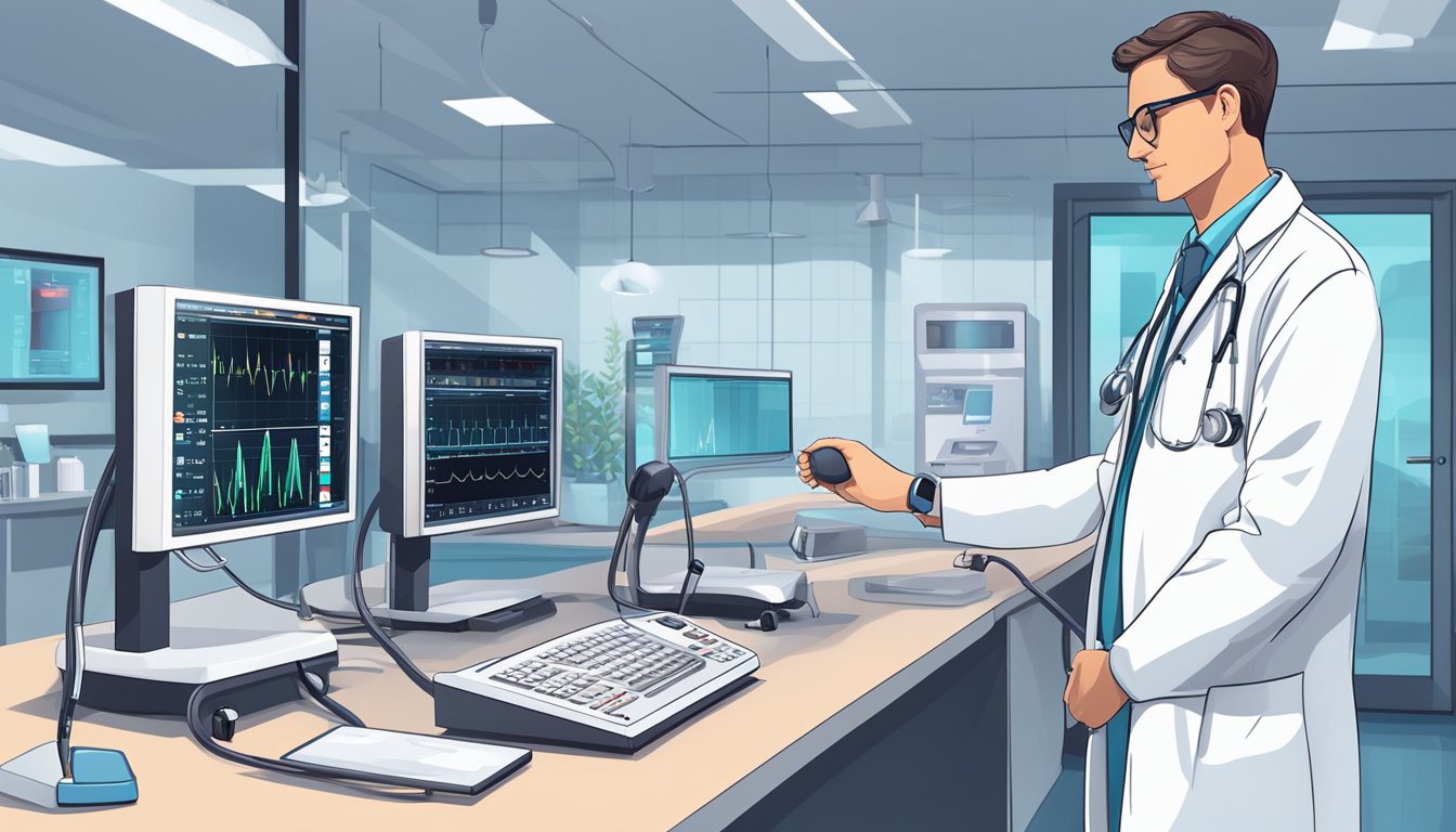 A cardiologist in a white coat stands beside a stethoscope and heart monitor in a modern hospital setting