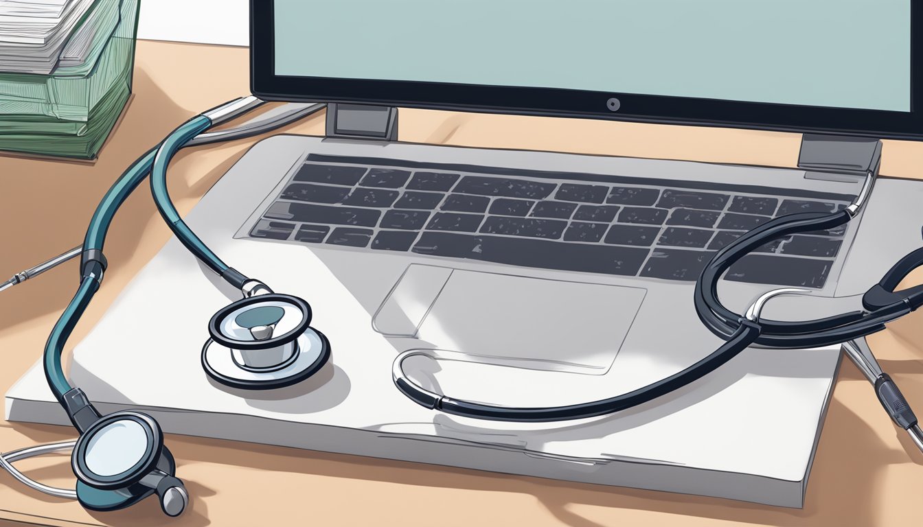 A stethoscope resting on a desk beside a stack of medical journals and a computer displaying Dr. Lim Toon Wei's profile
