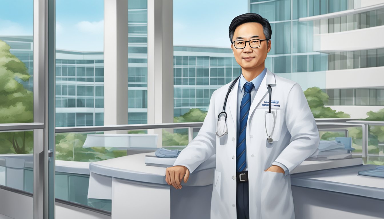 A cardiologist, Dr. Lim Toon Wei, stands in front of the National University Heart Centre, representing his scope of service