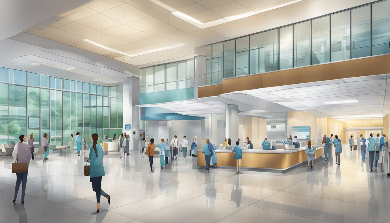 A bustling hospital lobby with a prominent sign for National University Heart Centre, conveying a sense of expertise and trustworthiness