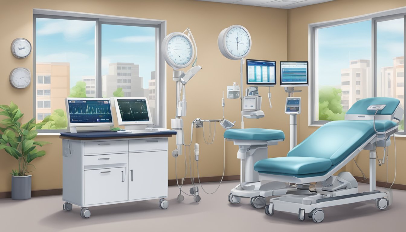 A modern clinic with a heart monitor, ECG machine, and medical equipment. The clinic sign reads "Dr Ruth Kam - Ruth Kam Heart And Arrhythmia Clinic | SG Cardiologist"
