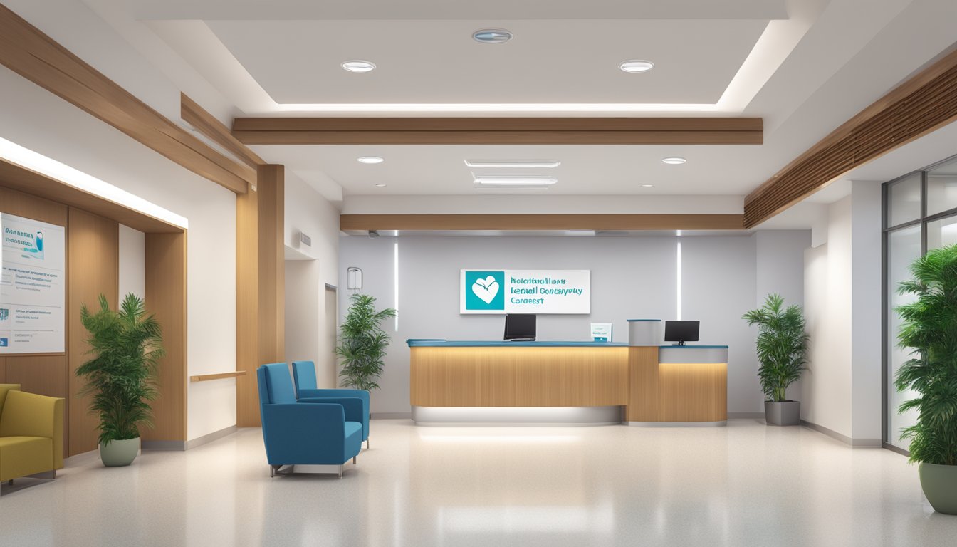 A modern hospital lobby with a reception desk and a sign displaying "National University Heart Centre | SG Cardiologist". The area is well-lit and spacious, with comfortable seating for visitors