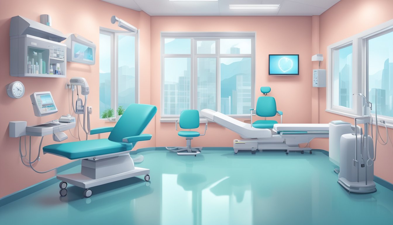 A modern clinic with a heart theme, featuring medical equipment and a calming atmosphere