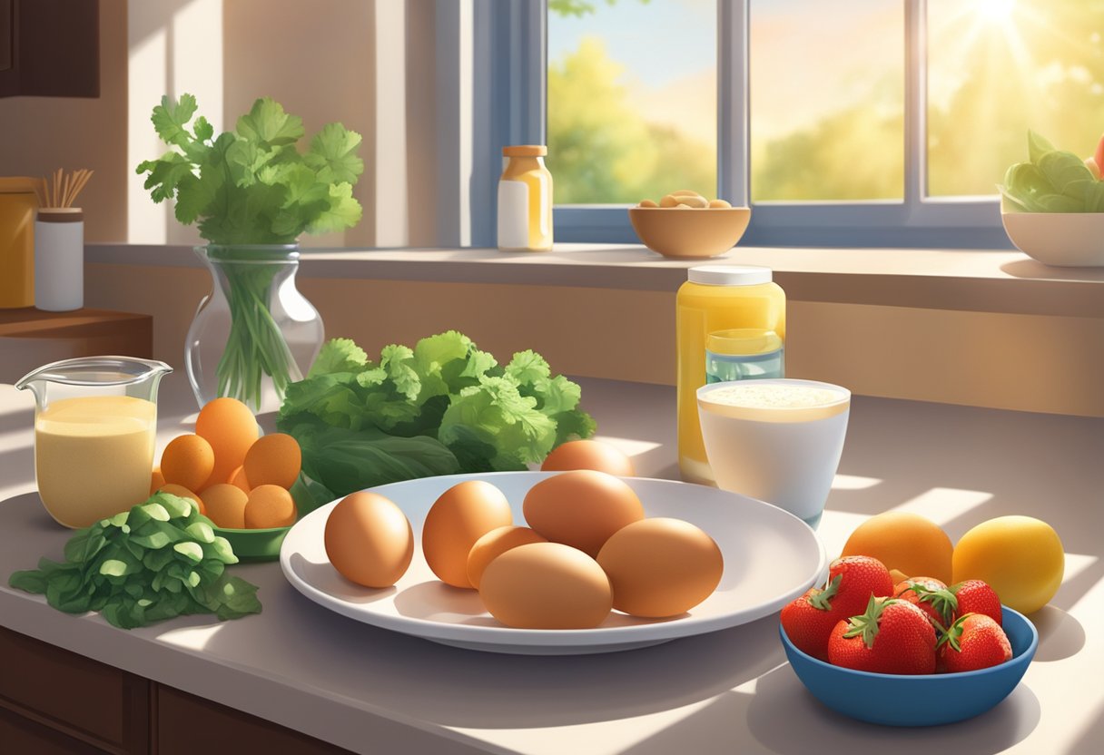 A plate of eggs and a tub of whey protein sit on a kitchen counter, surrounded by fruits and vegetables. The sun streams in through the window, casting a warm glow over the scene