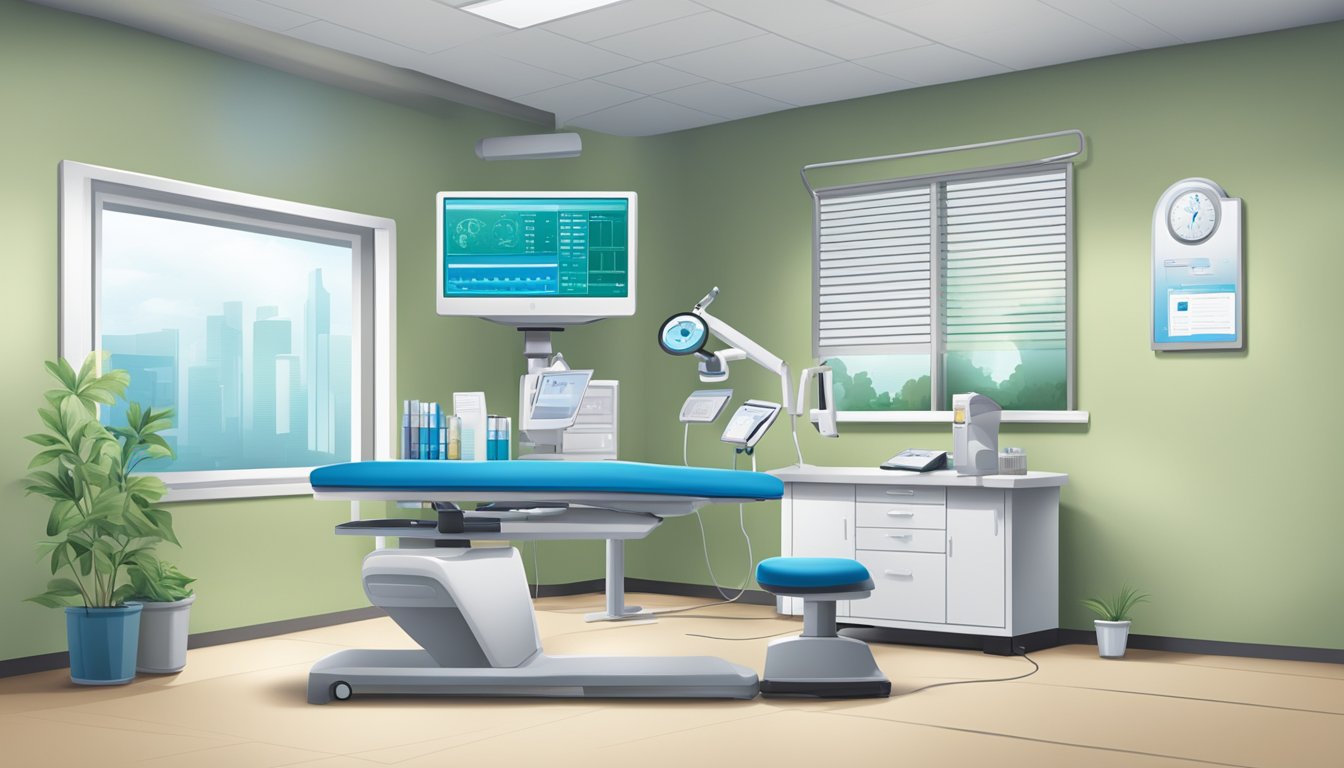 A doctor's clinic with medical equipment, a desk, and a computer. Display the clinic's name and logo prominently