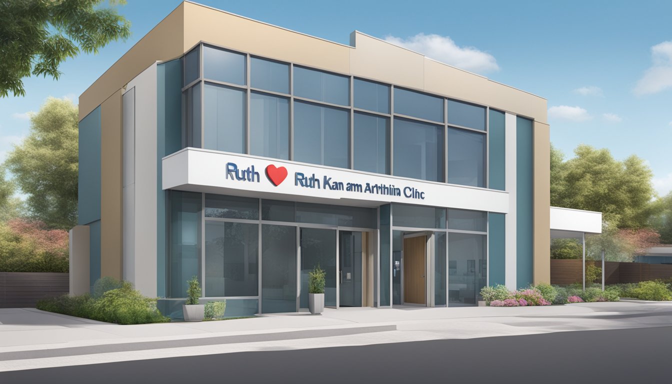 The clinic's modern exterior features a welcoming entrance and a prominent sign displaying the name "Ruth Kam Heart And Arrhythmia Clinic."