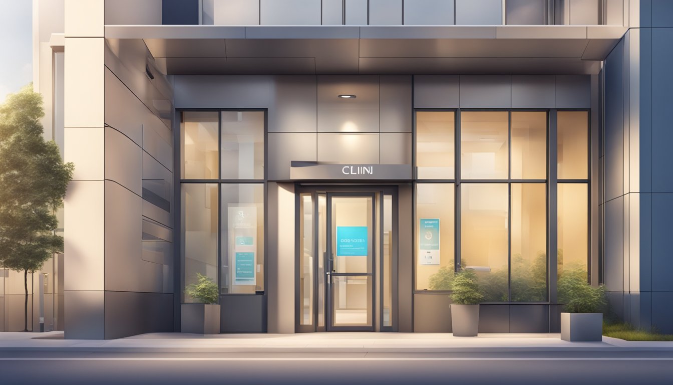 A modern clinic exterior with clear signage, open doors, and a welcoming atmosphere