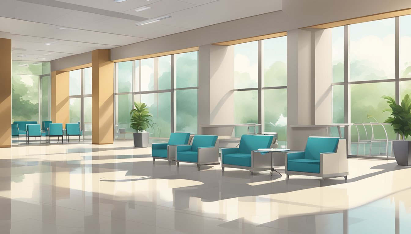 A modern, sleek hospital lobby with a prominent sign reading "Novena Heart Centre." Clean lines, calming colors, and a sense of professionalism