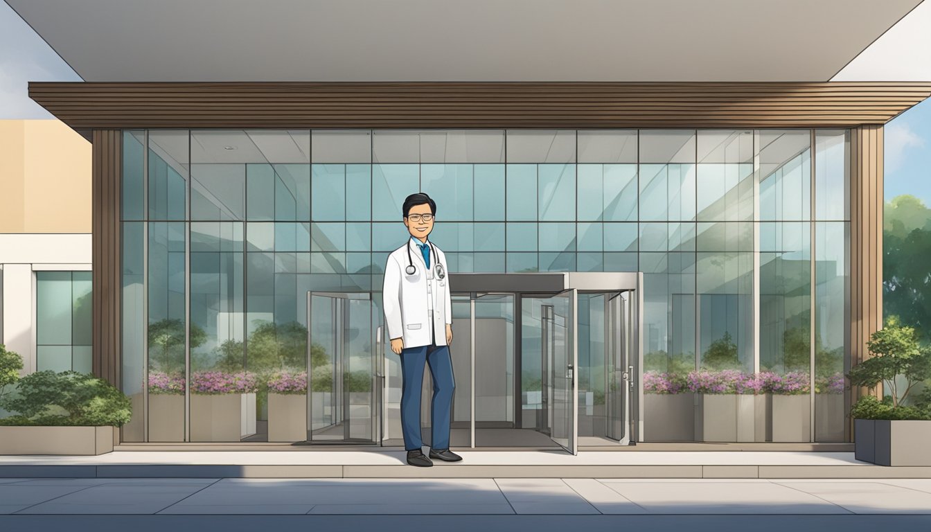 Dr Ng Kwan Chung Kenneth stands in front of Novena Heart Centre, with a stethoscope around his neck and a warm smile on his face. The building is modern and sleek, with large glass windows and a prominent sign displaying the center's