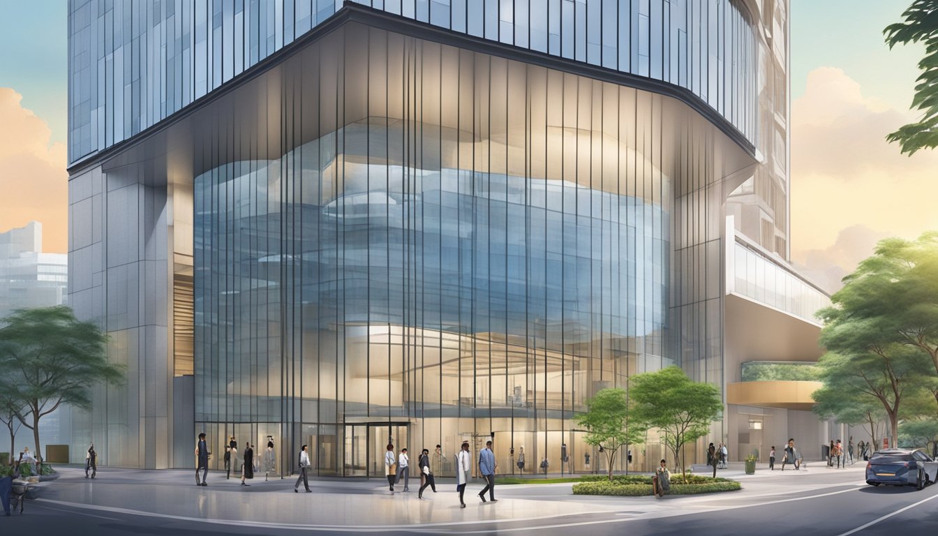 Dr. Alvin Ng Chee Keong stands in front of the Jireh Heart Centre, a modern and sleek building with large glass windows reflecting the surrounding cityscape. The entrance is adorned with a bold sign displaying the center's name
