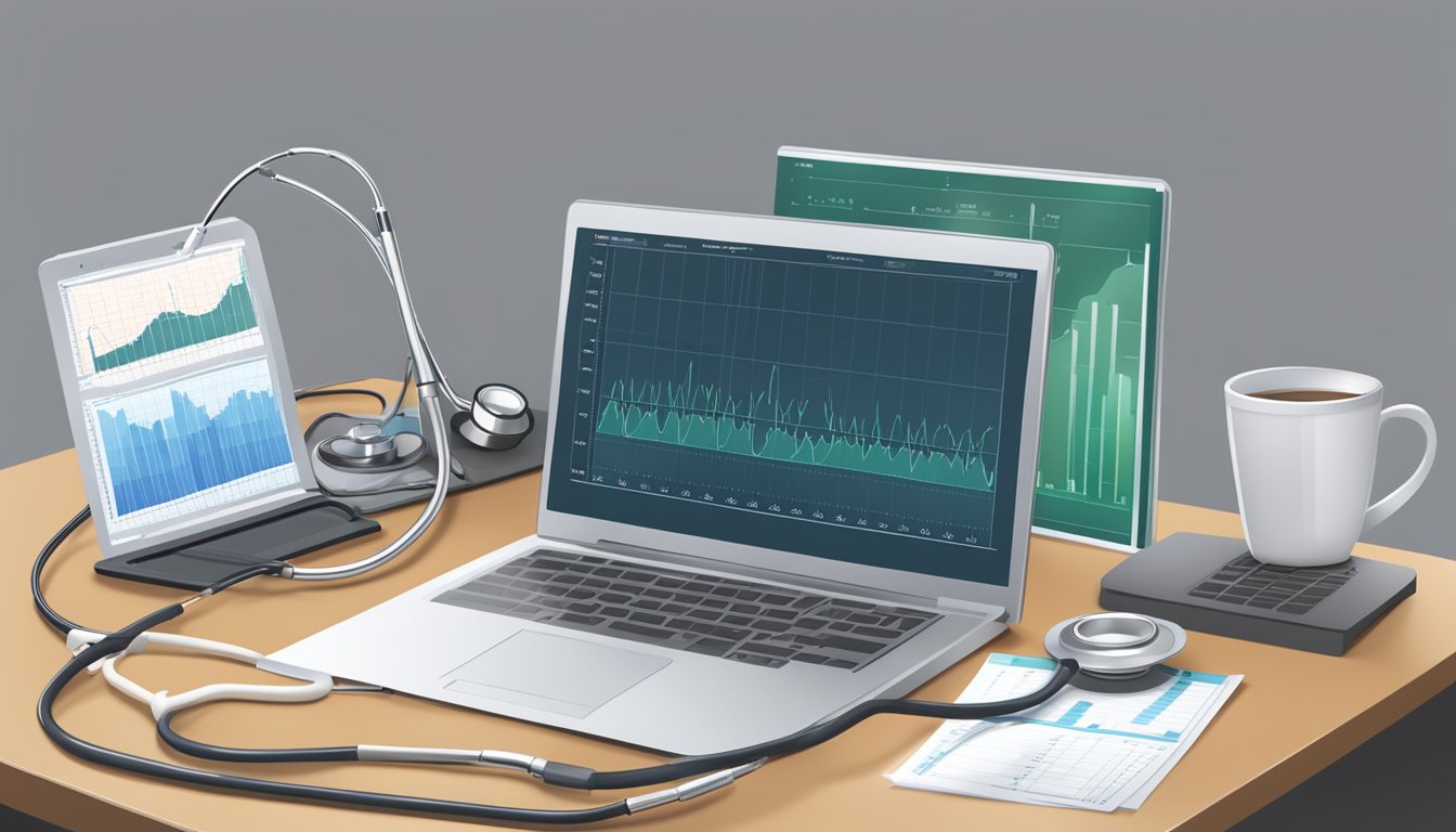 A stethoscope draped over a desk, next to a stack of medical charts and a computer displaying heart monitoring data