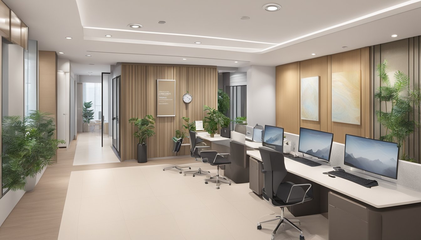 A modern clinic in Singapore, with the name "Dr Ong Sea Hing - The Cardio Clinic @ Farrer", featuring a sleek and professional interior design