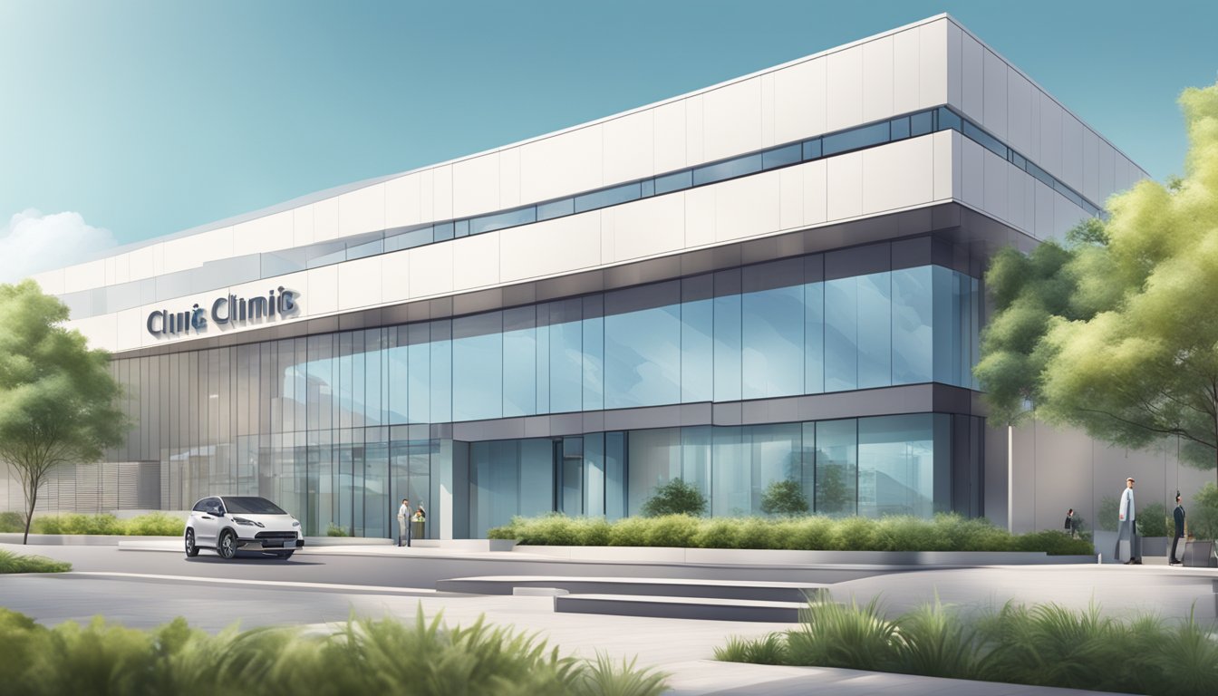 A modern clinic with a sleek facade and prominent signage. Surrounding buildings and greenery provide a sense of urban tranquility