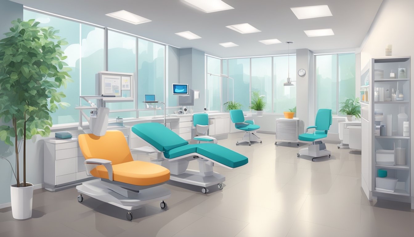 A modern clinic with sleek furniture and medical equipment. The space is bright and inviting, with a calming atmosphere