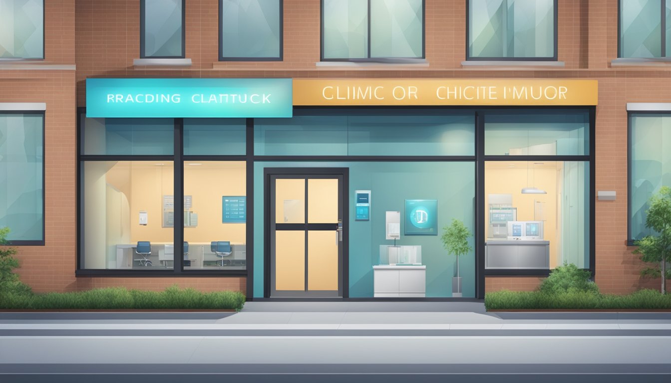 A modern clinic exterior with clear signage, open doors, and a visible clock showing operating hours