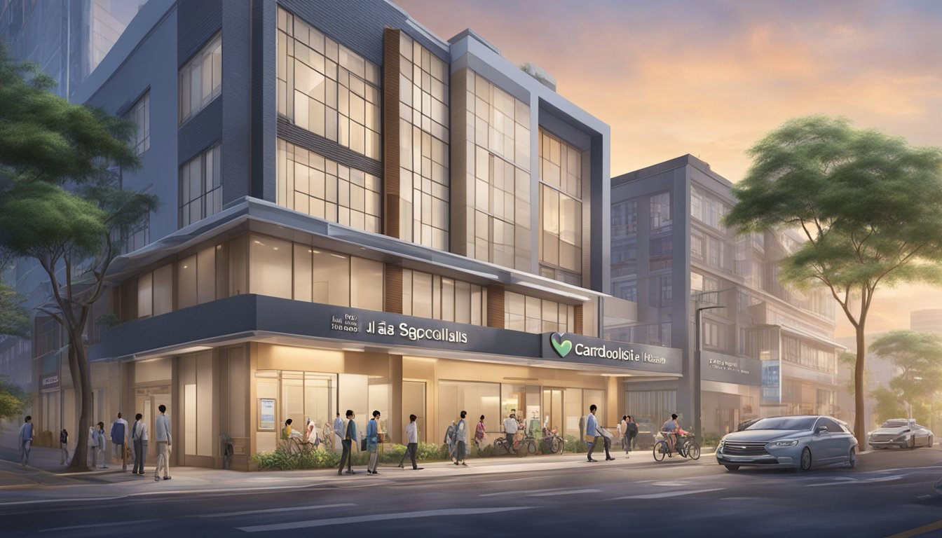 The Sunrise Heart Specialist Clinic, with the name "Dr Woo Jia Wei - SG Cardiologist," is depicted in a bustling urban setting, with a modern and welcoming exterior