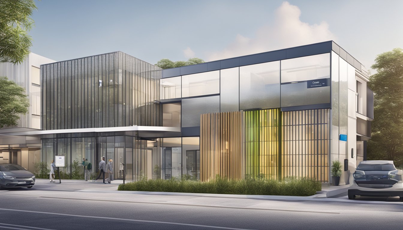 A modern clinic exterior at Farrer with clear signage and contact details. Operating hours displayed prominently