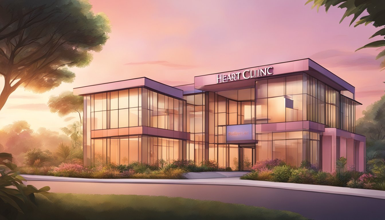 A serene sunrise over a modern heart clinic, with the clinic's name prominently displayed. The building is surrounded by lush greenery, and the sky is painted in warm hues of orange and pink