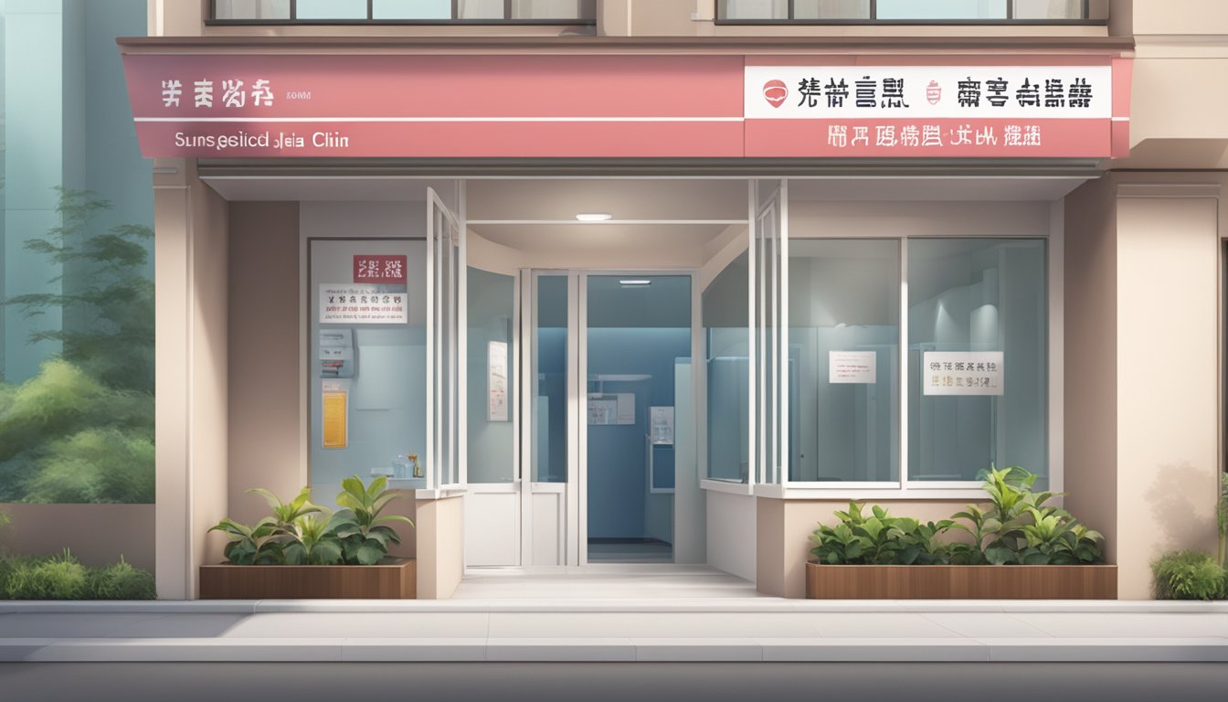 A bright and welcoming clinic with the name "Sunrise Heart Specialist Clinic" prominently displayed. The sign also includes "Dr Woo Jia Wei - SG Cardiologist."