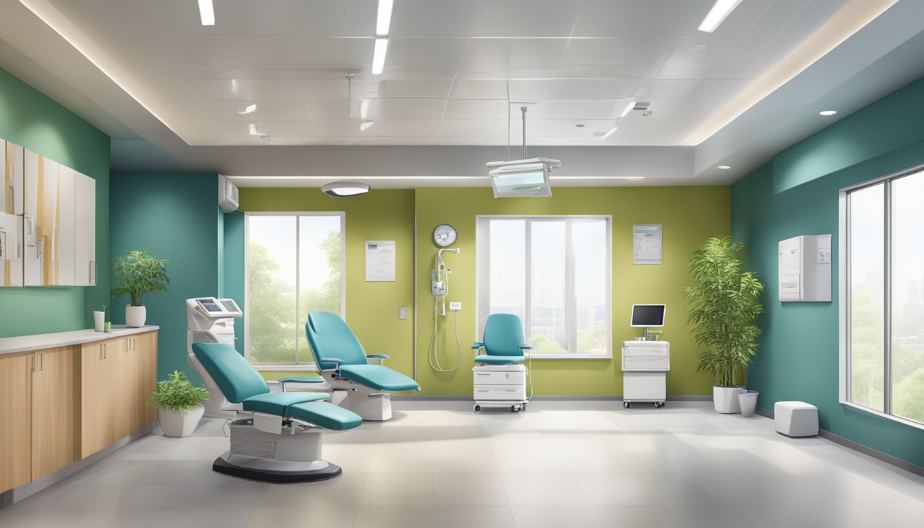 A modern clinic with a welcoming reception area, state-of-the-art medical equipment, and comfortable patient consultation rooms