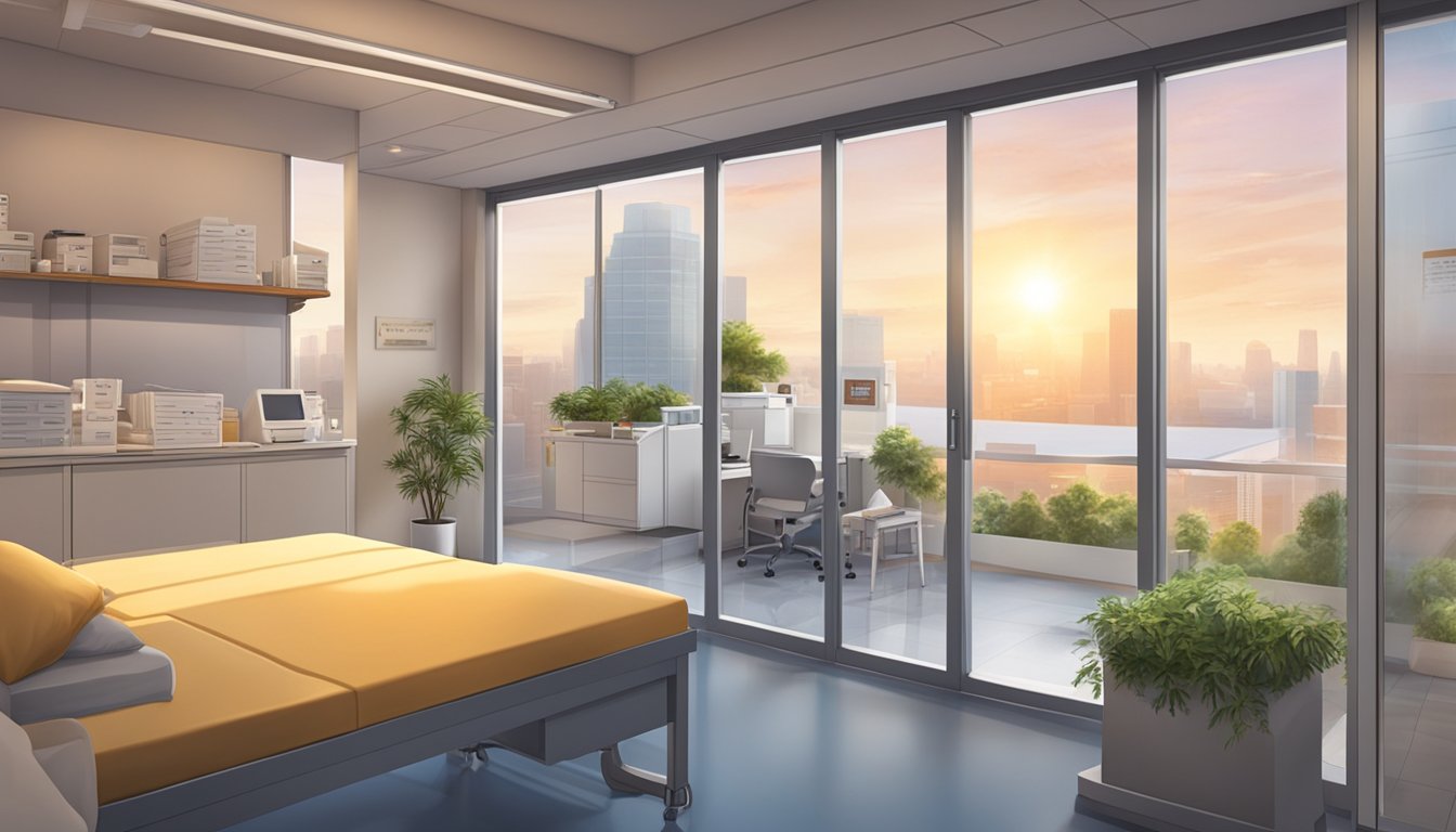 A bright sunrise over a modern heart clinic with the name "Sunrise Heart Specialist Clinic" and "Dr. Woo Jia Wei - SG Cardiologist" displayed prominently. Operating hours are also visible