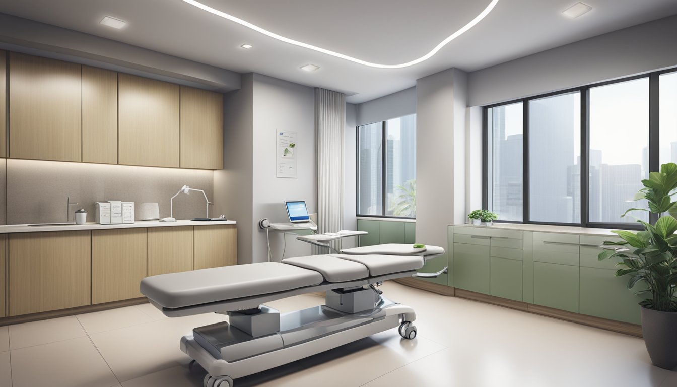 A modern, sleek clinic interior with a prominent sign reading "Dr Teo Wee Siong - The Heart Specialist Clinic | SG Cardiologist" displayed prominently