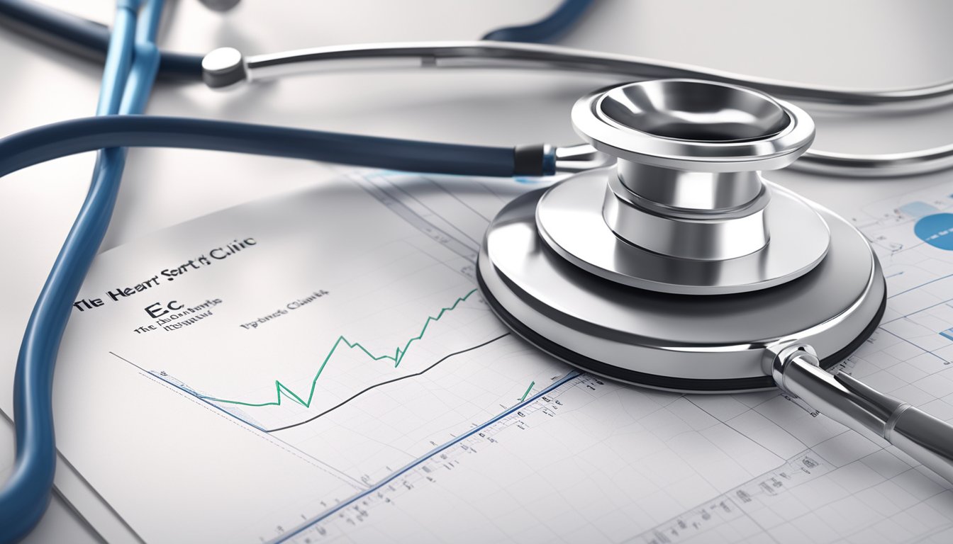 A stethoscope and heart-shaped ECG graph on a desk in a modern clinic. The clinic's name "The Heart Specialist Clinic" is prominently displayed