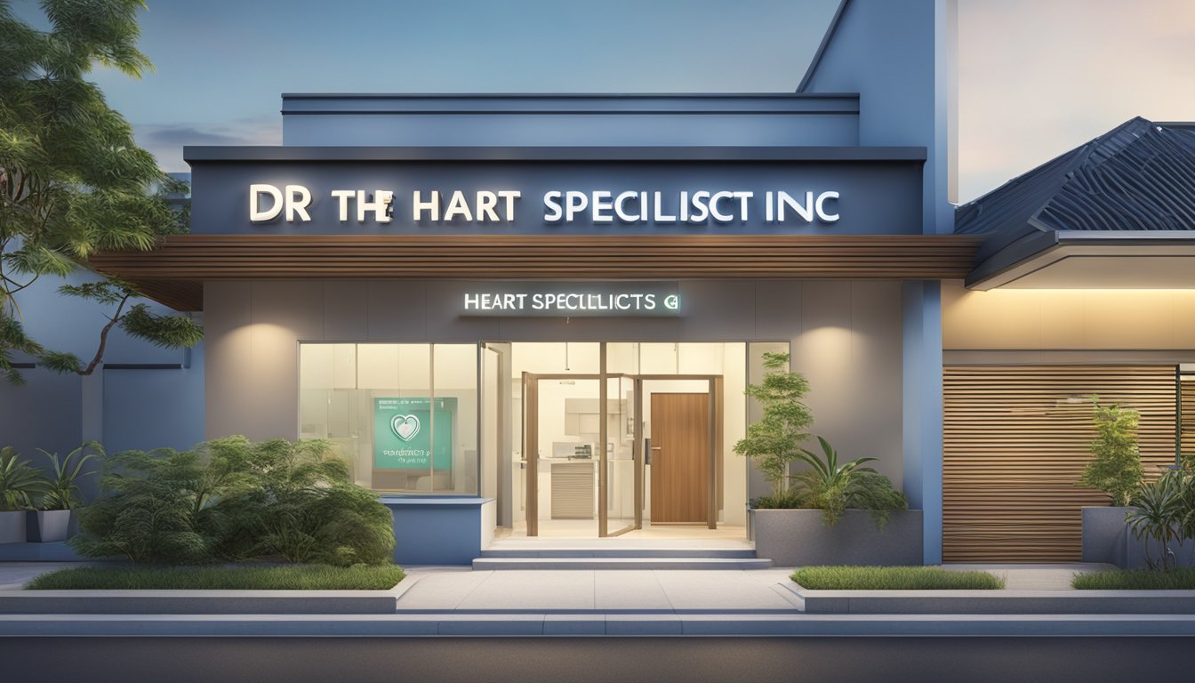 A modern clinic exterior with a prominent sign "Dr Teo Wee Siong - The Heart Specialist Clinic | SG Cardiologist" and a welcoming entrance