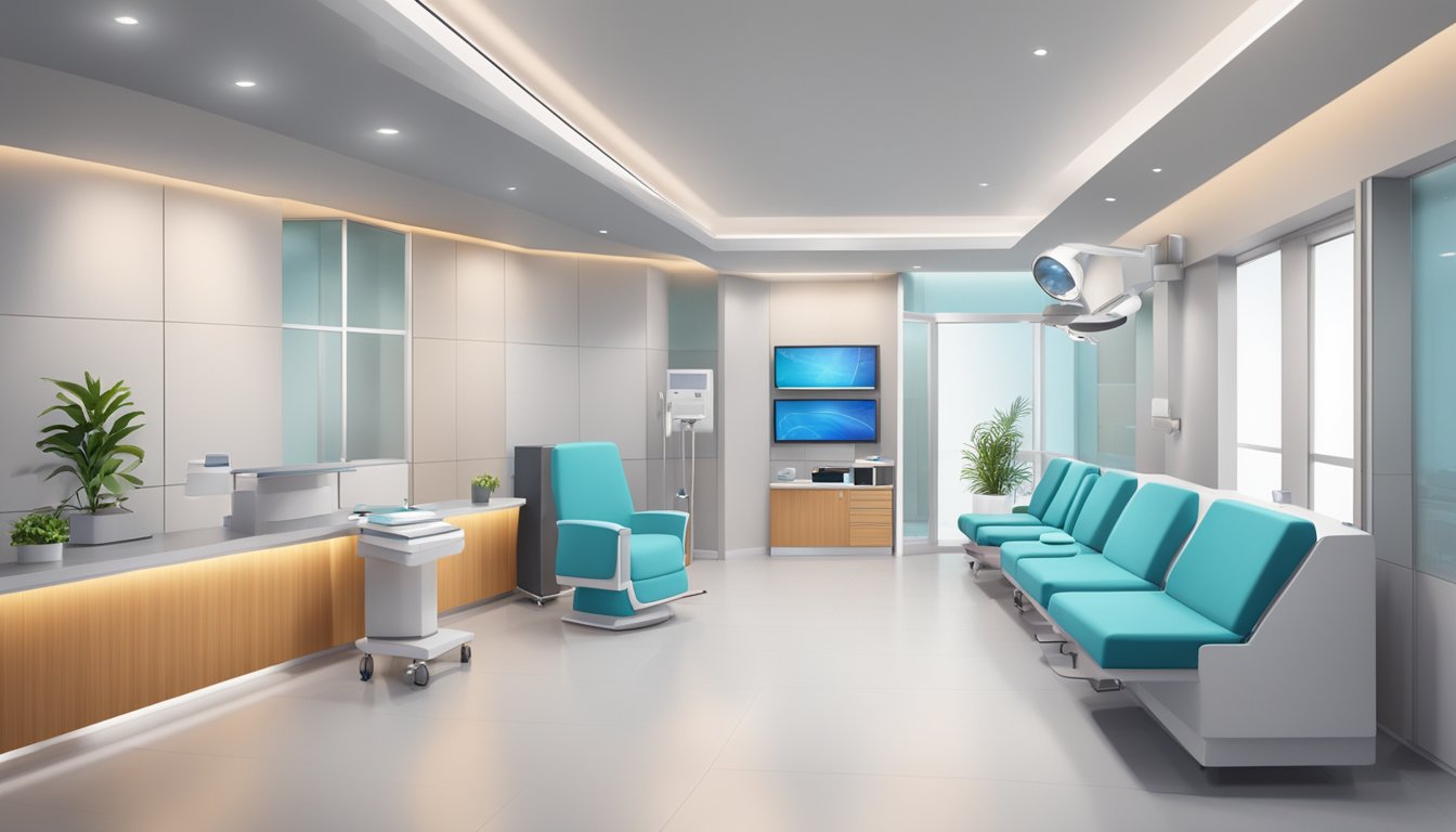 A modern clinic with a welcoming reception area, state-of-the-art medical equipment, and comfortable consultation rooms
