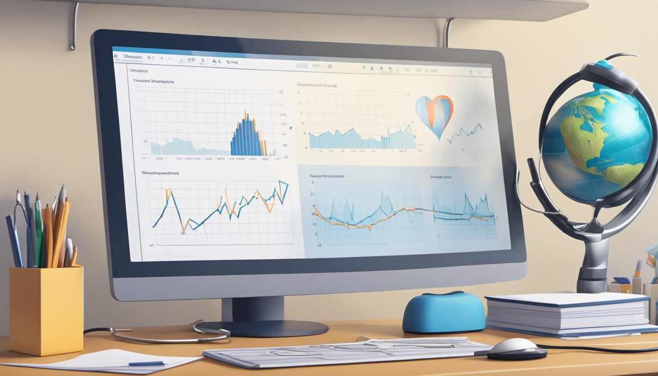 A stethoscope hangs from a desk, next to a diploma and a heart model. A computer screen displays a heartbeat graph