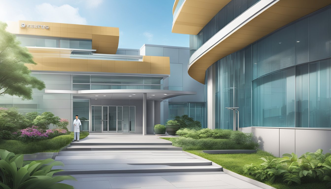 The clinic's signboard, with "Dr Teo Wee Siong - The Heart Specialist Clinic | SG Cardiologist", against a backdrop of a modern, clean medical facility