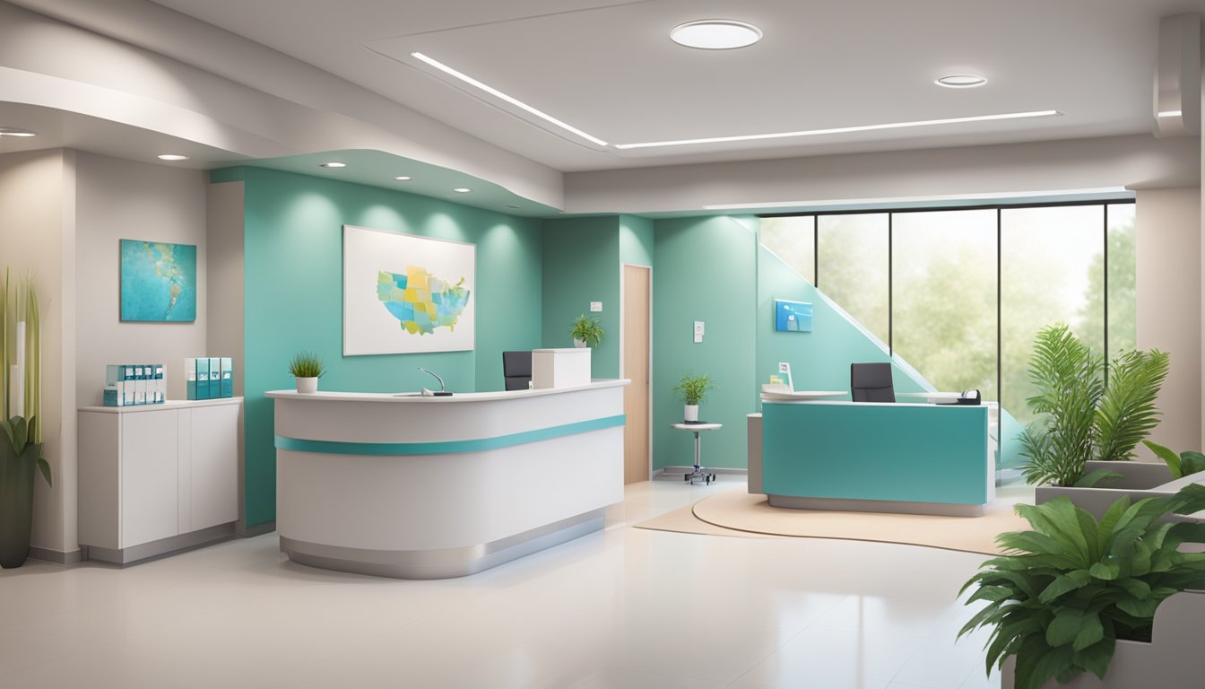 A modern clinic with a welcoming reception area, state-of-the-art medical equipment, and a calming atmosphere