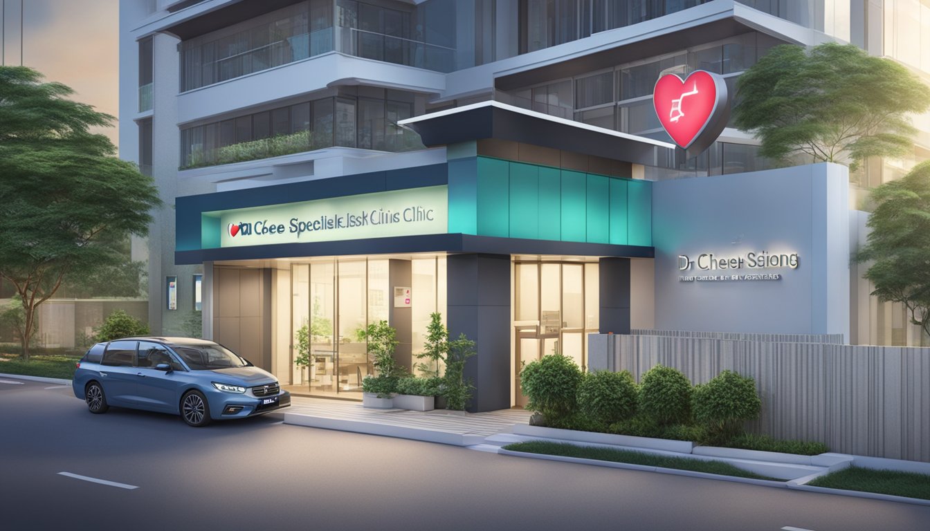 A modern clinic exterior with a prominent sign displaying "Dr Chee Tek Siong - The Heart Specialist Clinic | SG Cardiologist". The surrounding area suggests a professional and well-maintained medical facility