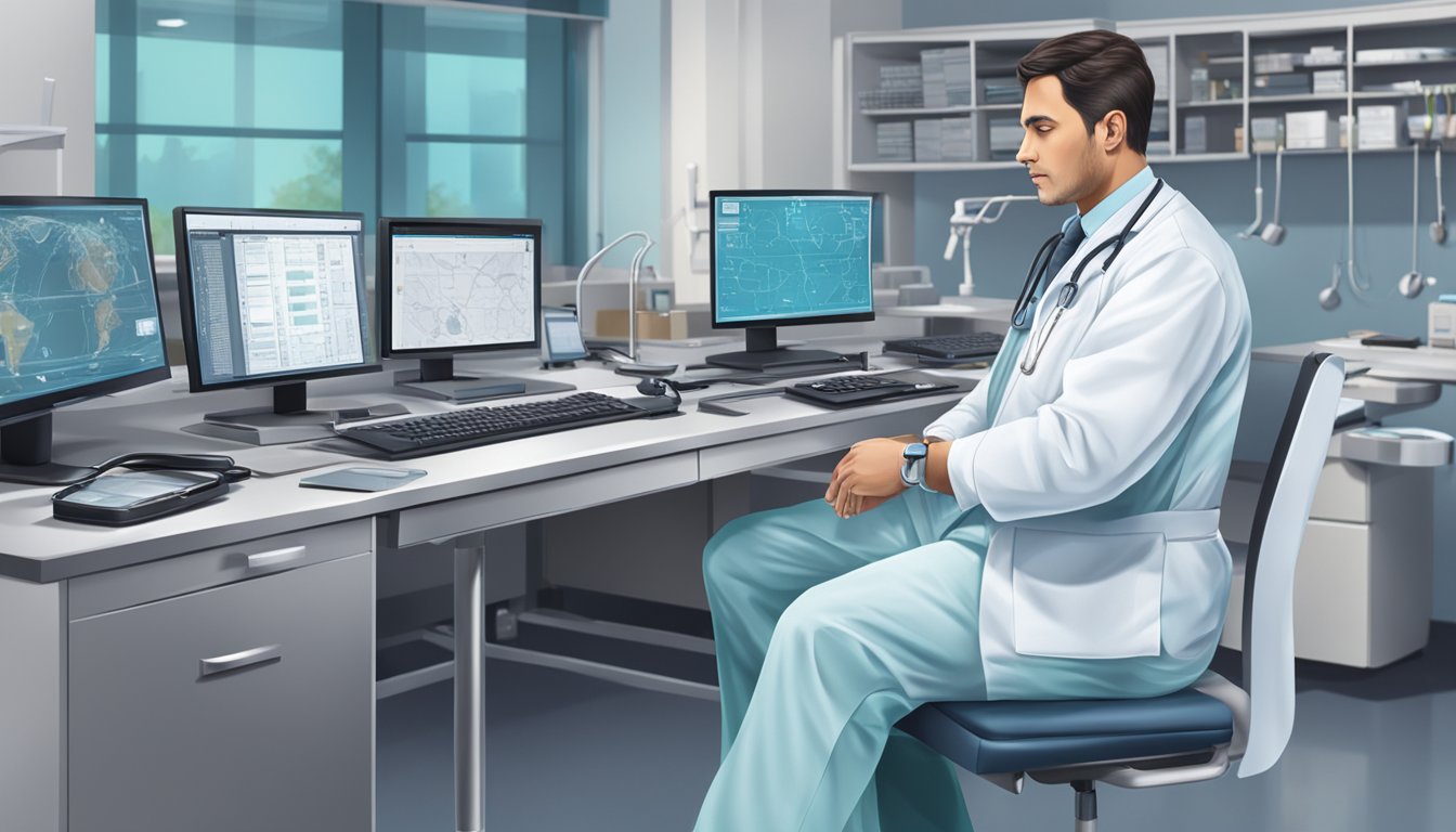 A cardiologist at work in a modern hospital setting, with medical equipment and technology in the background