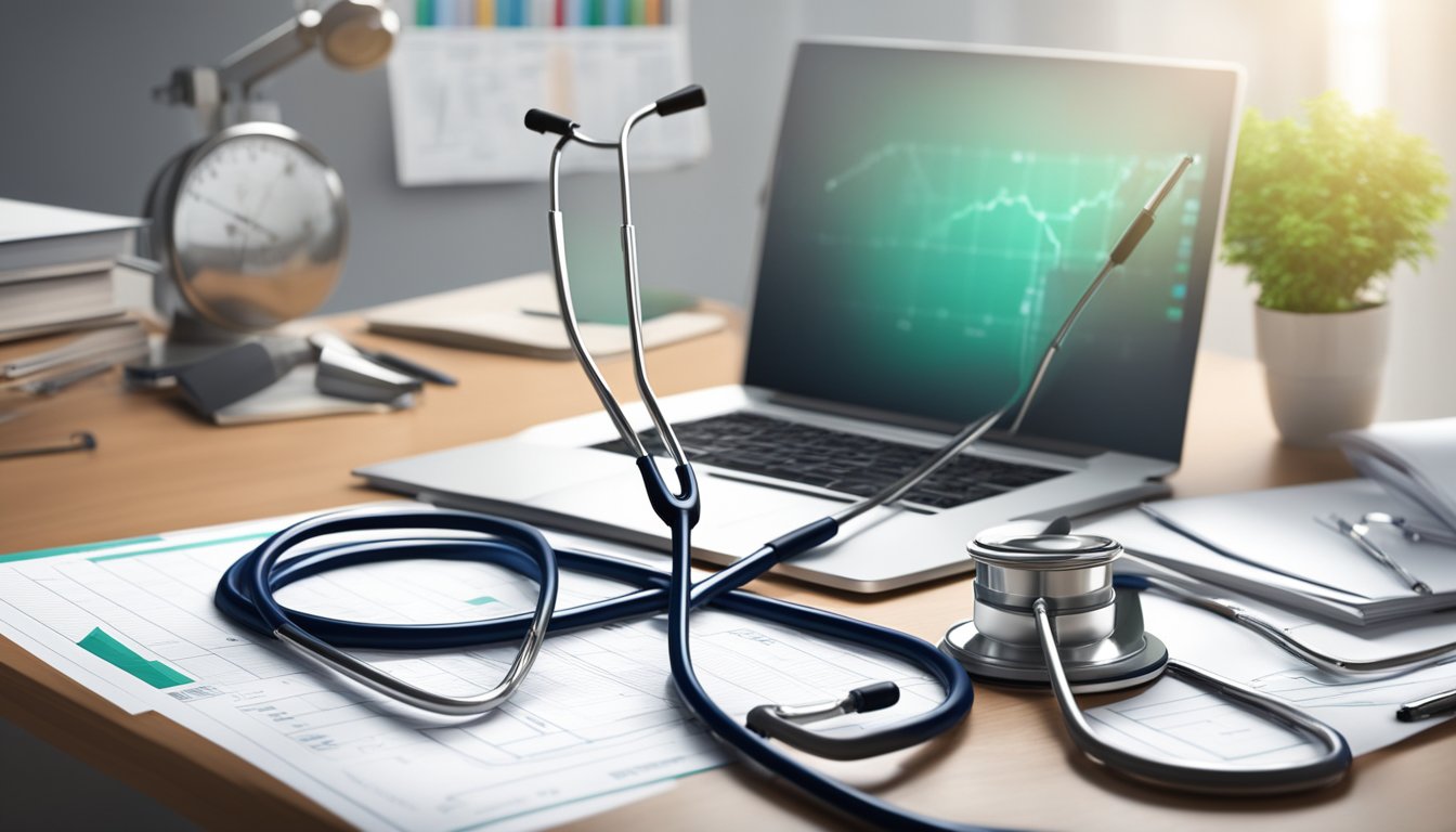 A stethoscope and medical charts on the desk, with a diploma and awards on the wall. A computer and medical equipment in the background