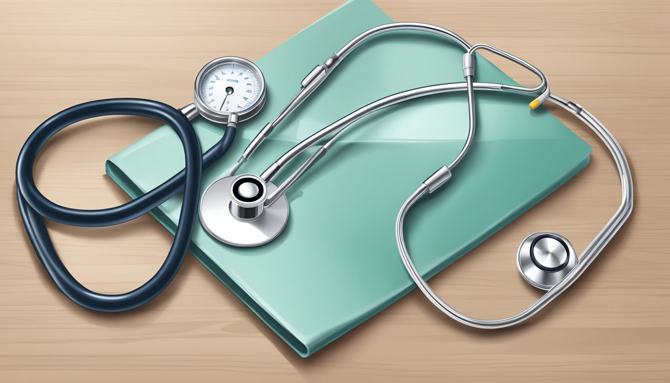 A stethoscope and medical equipment on a desk in a cardiologist's office