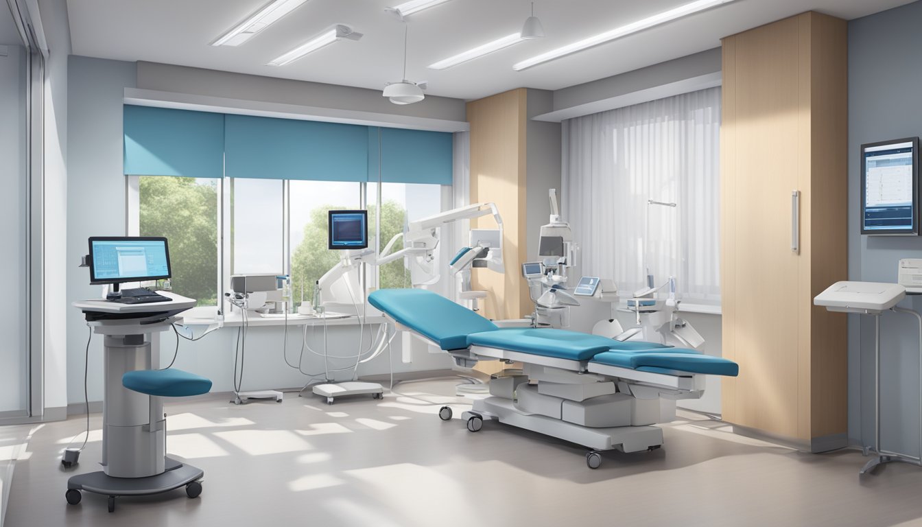 A modern, state-of-the-art cardiology clinic at National University Heart Centre, with advanced equipment and a calming atmosphere